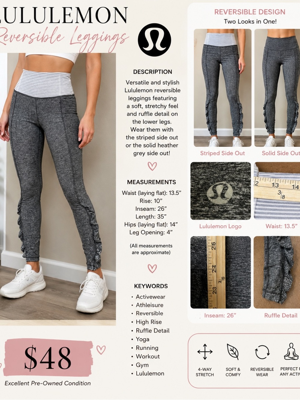 lululemon athletica Gray Leggings with Striped Fold-Over Waistband